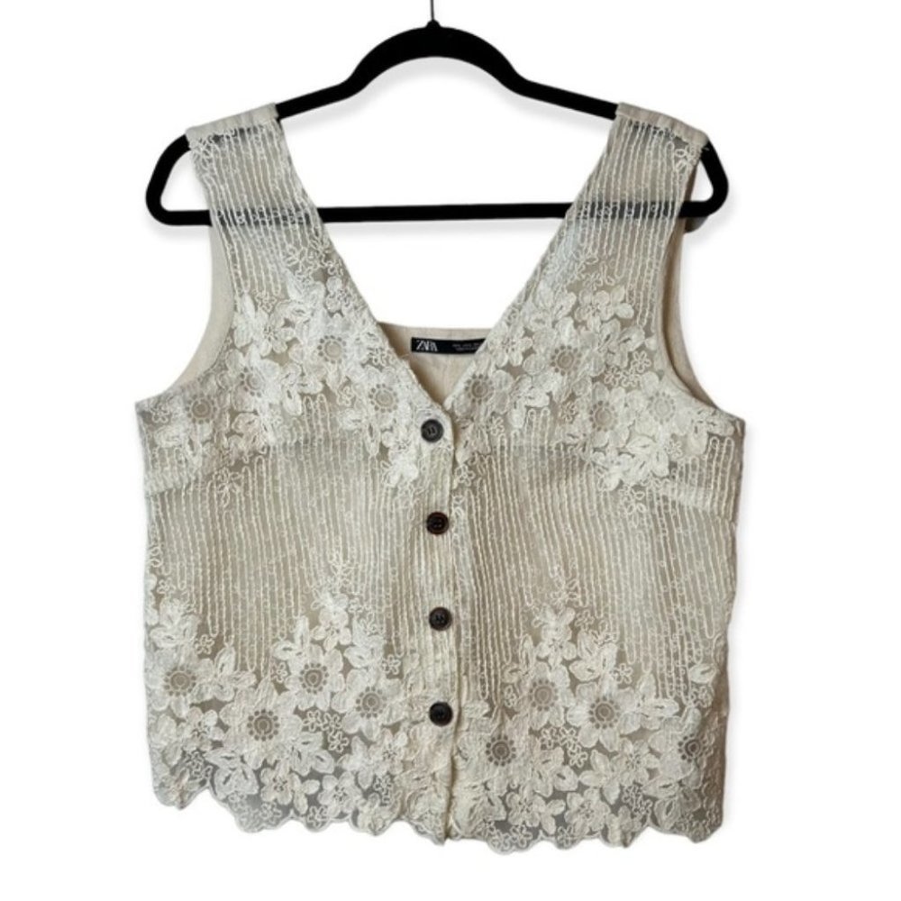 ZARA Cottage Core Linen & Lace Button Down Vest